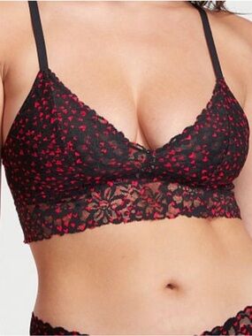 Victoria's Secret LACIE Black Lace Bralette with Red Sketch Heart Pattern